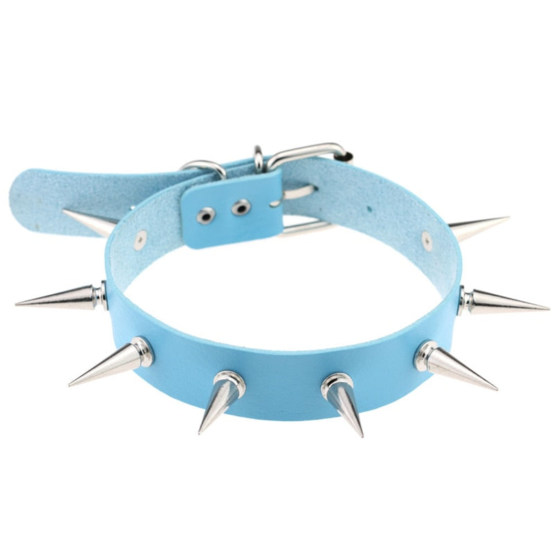 Punk Gothic Leather Spike Collar - Light blue / One Size