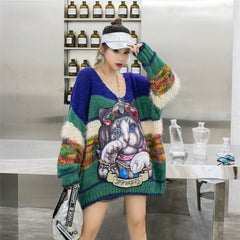 Cartoon Cat V-collar Knitted Oversize Sweater - One Size /