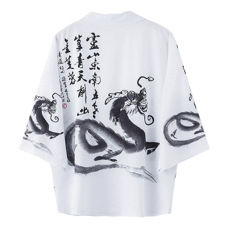 Dragon Kanji White Collection 3/4 Sleeve Kimono - M - KIMONO