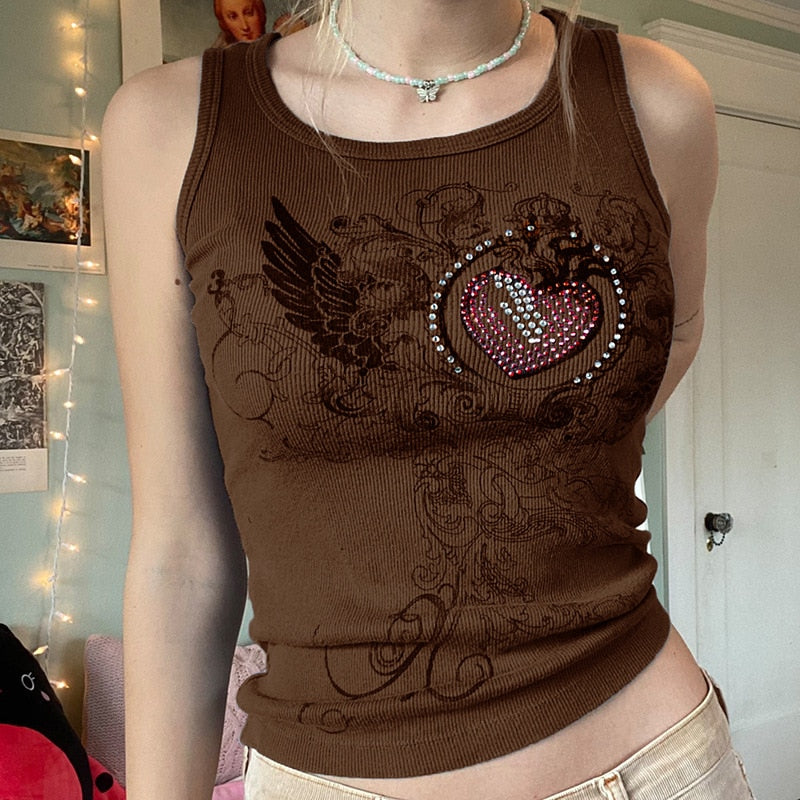 Aesthetic Heart And Wings Tank Top - Brown / S
