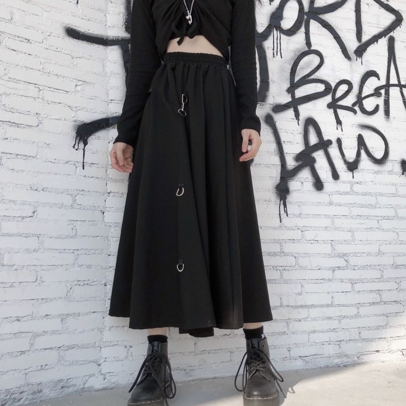 Black Irregular High Waist Splicing Buckle Gothic Skirt