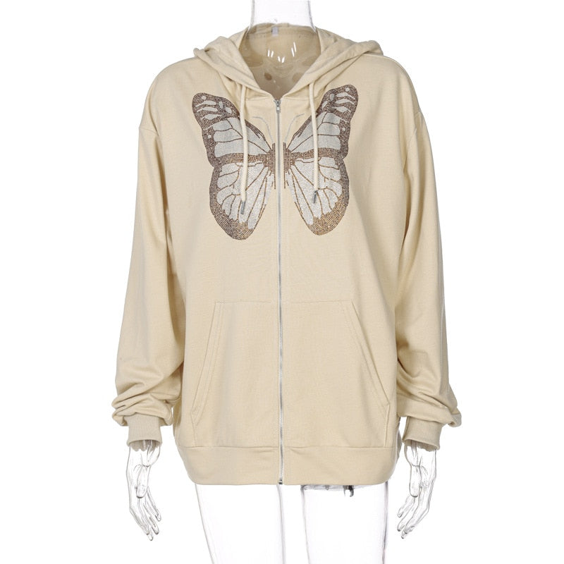 Rhinestone Butterfly Oversize Jacket - Khaki / S - Jackets