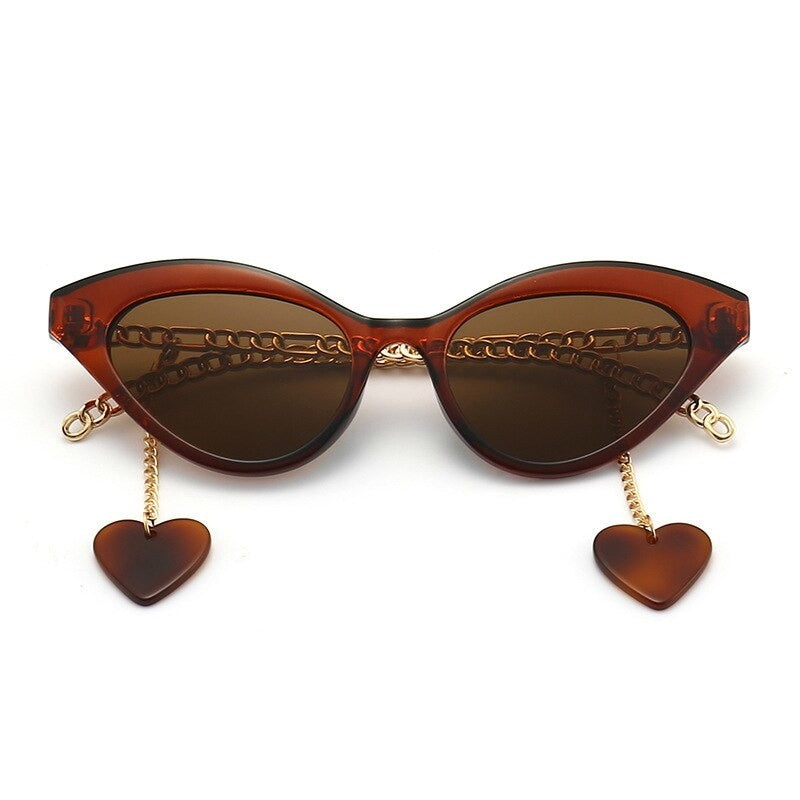 Cat Eye Sunglasses With Chain Legs Detachable Heart - Brown
