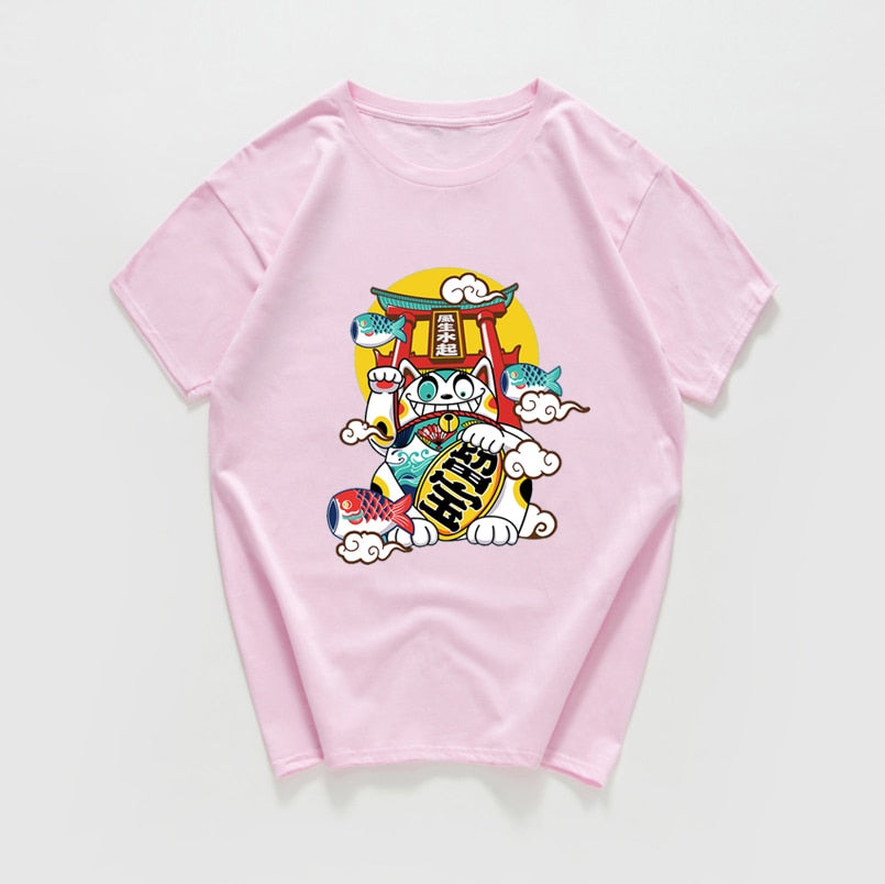 Japanese Harajuku Lucky Cat T-Shirt - Pink / S