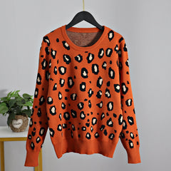 Leopard O-Neck Knitted Sweater - One Size / Orange