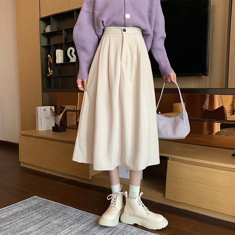 Solid Color Corduroy Vintage Pleated Long Skirt - Beige /