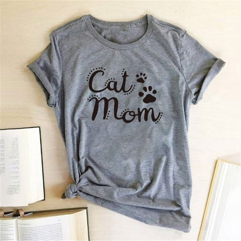 Cat Mom Printed T-Shirt - Grey / S - T-shirts