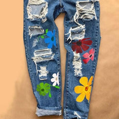 Distressed With Printed Flowers Pants - Deep Blue / S