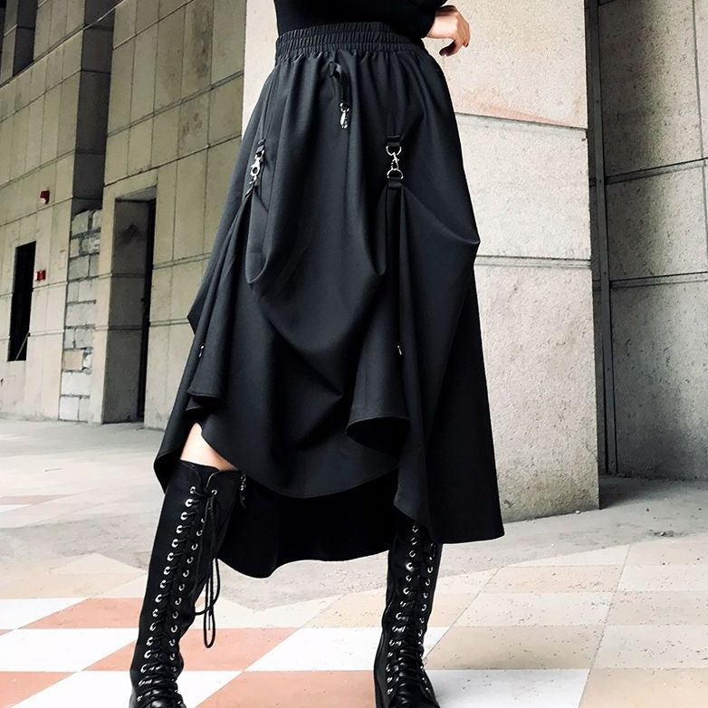 Black Irregular High Waist Splicing Buckle Gothic Skirt
