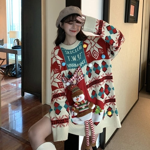 Snowman Christmas Long Thick Plus Oversize Sweater - One