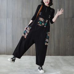 Fashion Denim Flower Rompers Suspenders - Black / M