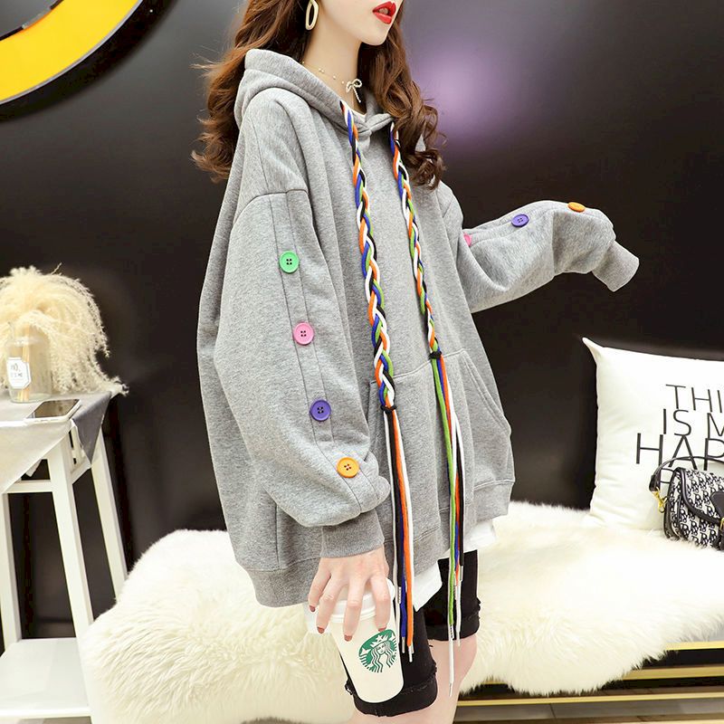 Oversized Embellished With Colorful Buttons Hoodies
