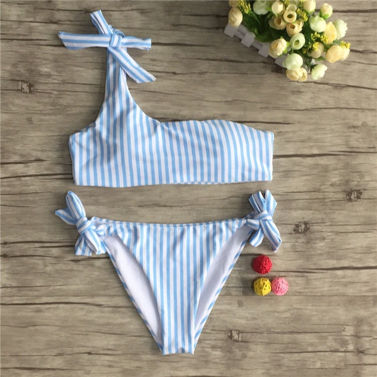 Aesthetic Striped One Shoulder Bikini - Blue / S - Swimsuit