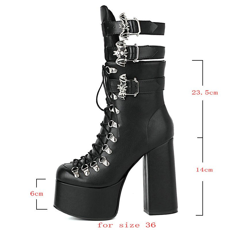 High-Heeled Ankle With Bat Buckle And Laces Boots