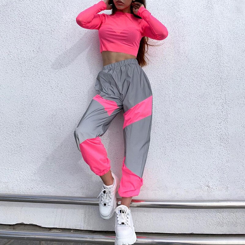 Neon Reflective Flared Baggy Sweatpants - Pink / S