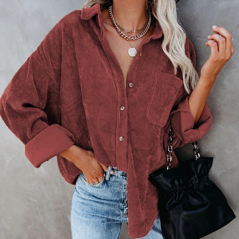 Corduroy Baggy Buttoned Long Sleeve Shirts - Red / S - Shirt