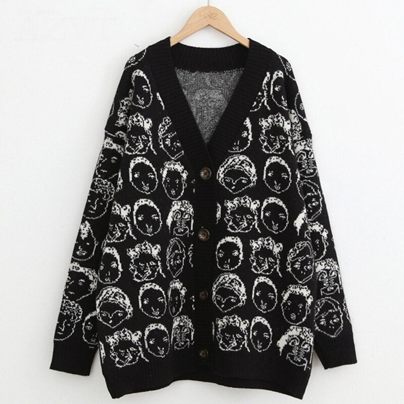 New Comic Face V Neck Cardigan Sweater