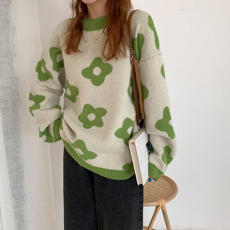 Winter Knitted Flower Vintage Sweater - Green / One Size