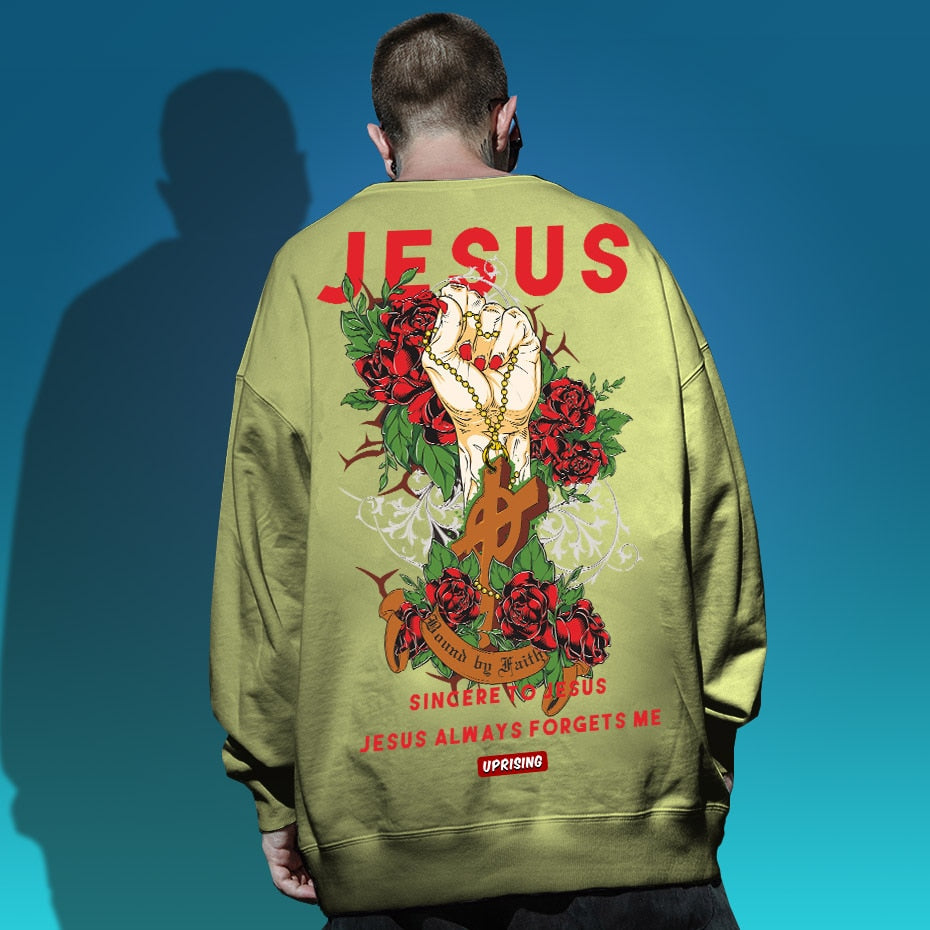 Jesus Hand with Cross and Roses Print Sweatshirt -