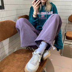 Color Solid Baggy Wide Leg Corduroy Pants - purple / S