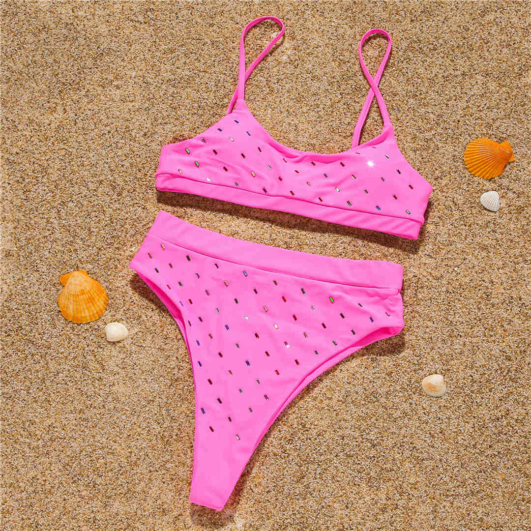 Sequin High Waist Two-Piece Bikini Swimsuit - Pink / S -