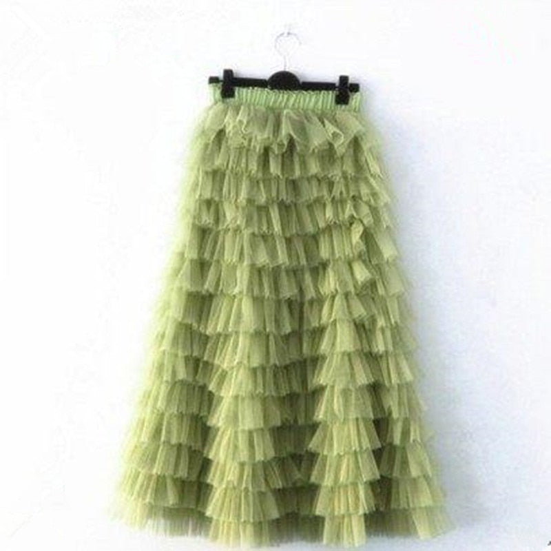 Ruffled Mesh Tutu Skirts - Green. / S