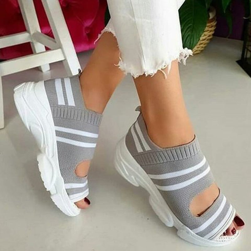 Knitting Breathable Wedges Platform Sandals - Gray / 35 -