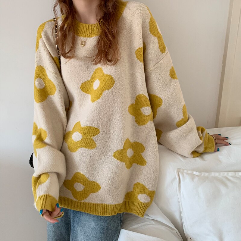Winter Knitted Flower Vintage Sweater - Yellow / One Size