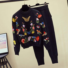 Embroidered Butterfly Floral Sweatshirt And Pants - Black /