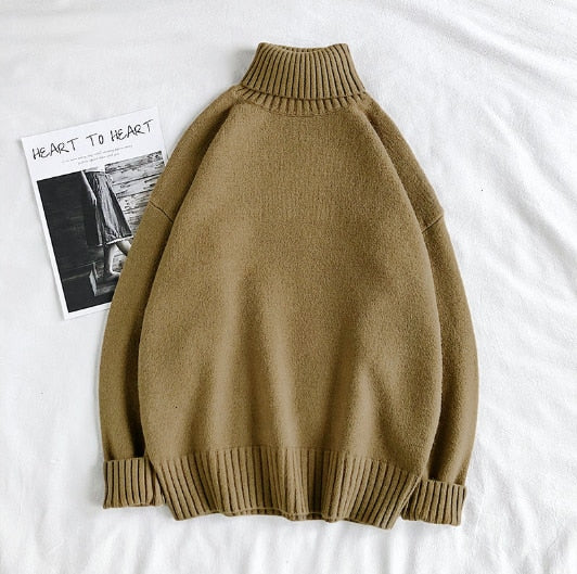 Solid Color Korean Style Turtleneck Sweater - Khaki / M
