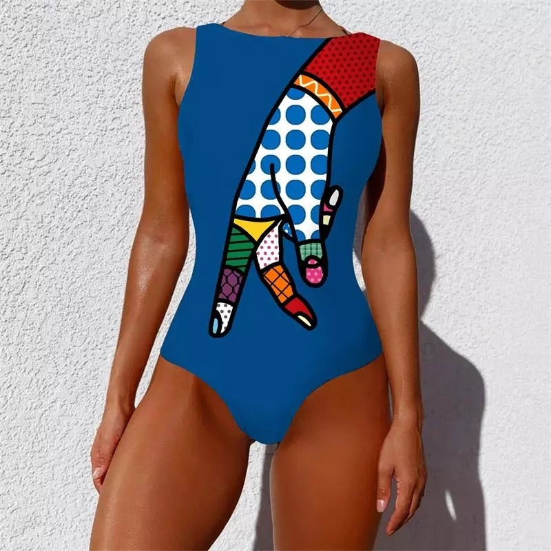 Abstract Colorful Graffiti One-Piece Swimsuit - Blue. / S