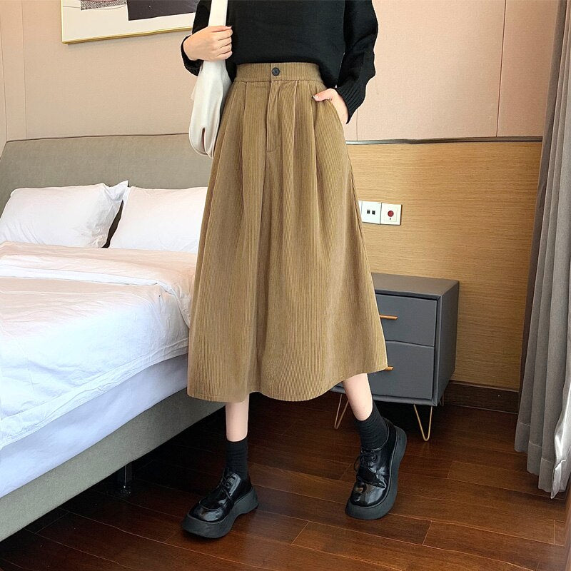 Solid Color Corduroy Vintage Pleated Long Skirt - Khaki /