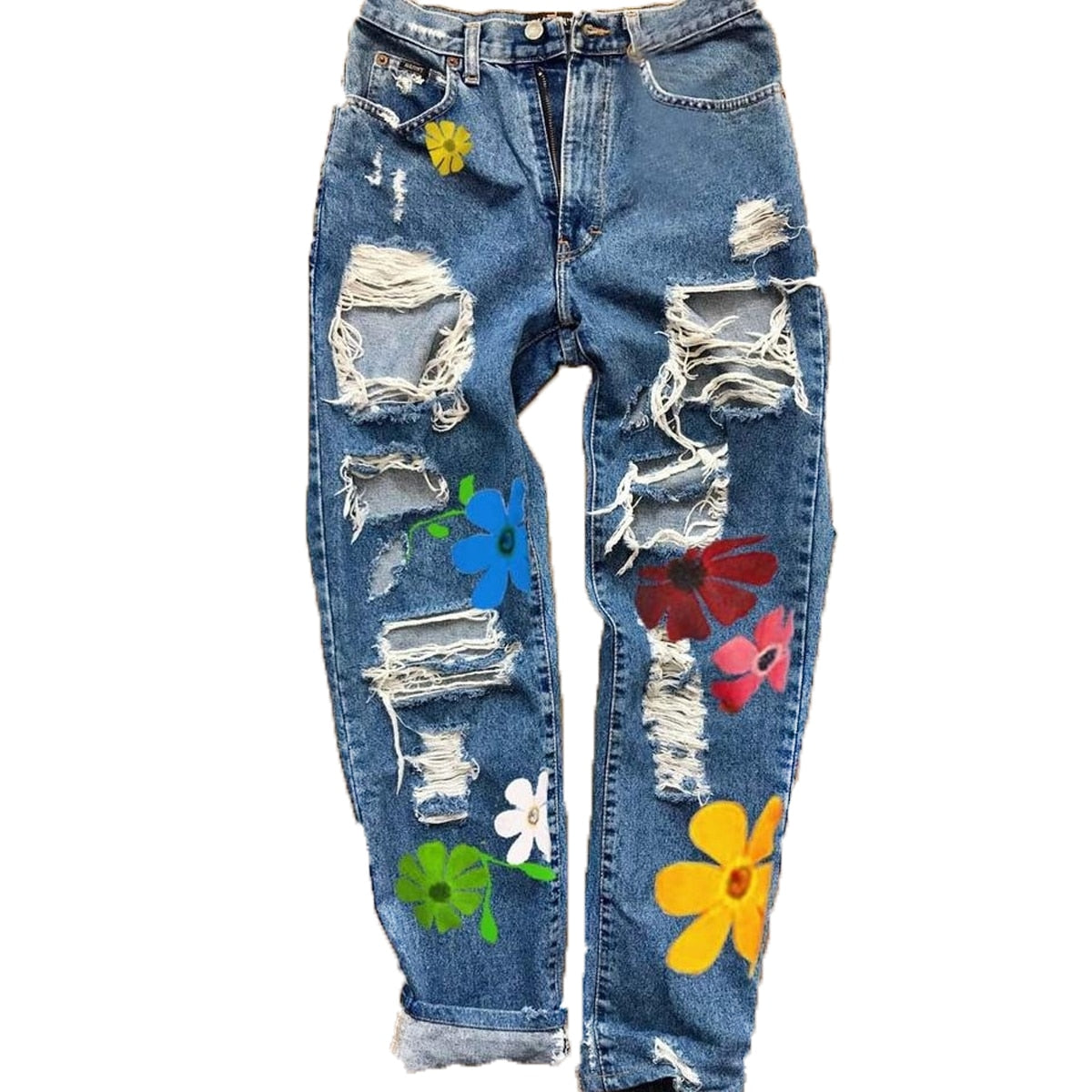 Distressed With Printed Flowers Pants