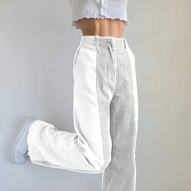 Bicolor High Waist Corduroy Pants - White / S