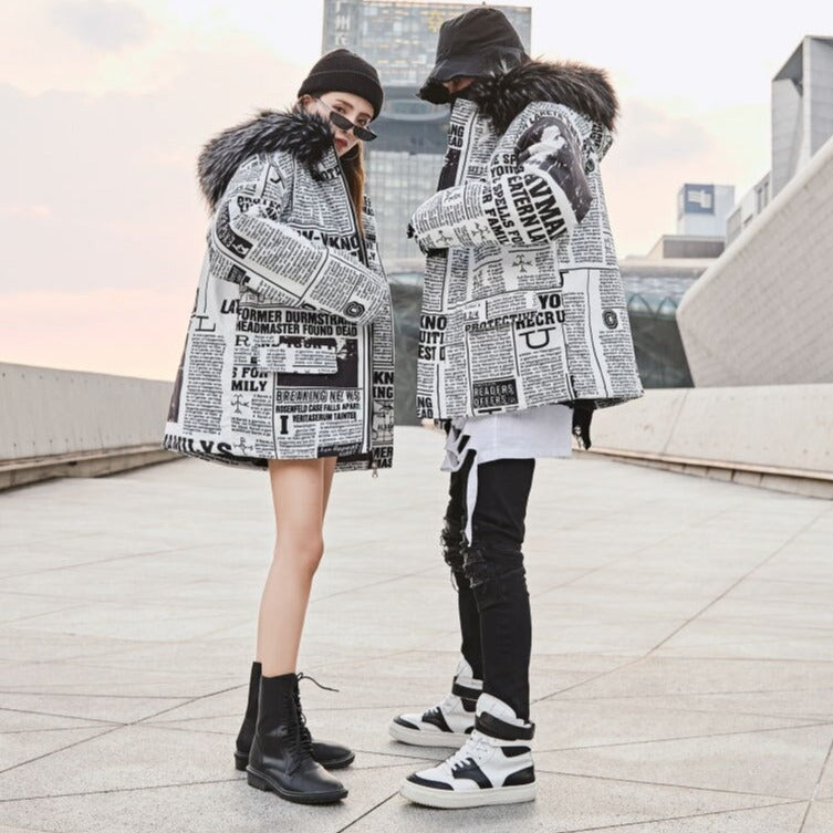 Korean Style Newspaper Printed Winter Coat - WINTER COATS