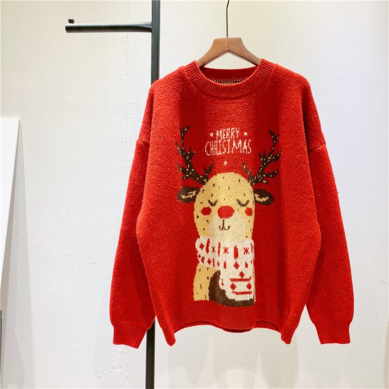 Crew Neck Ugly Knitted Sweater - Red... / One Size