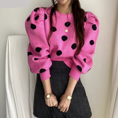 Polka Dot Puff Sleeve Sweater - Rose Red / One Size