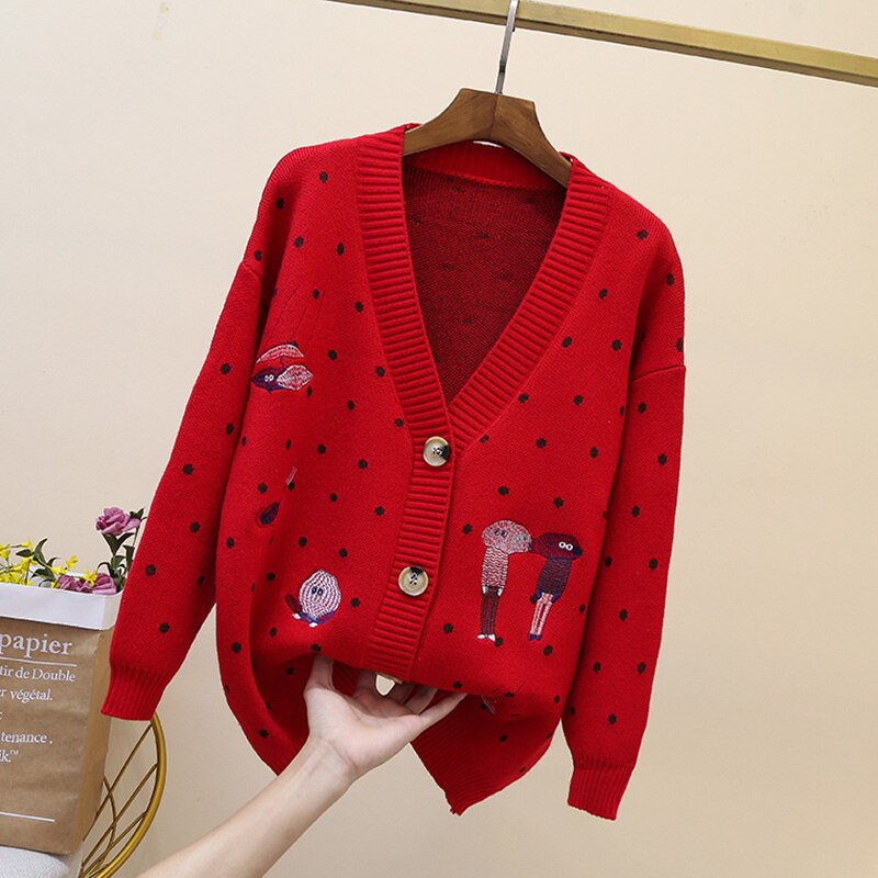 Dot Cartoon Long Sleeve Knit Cardigan - Red / One Size