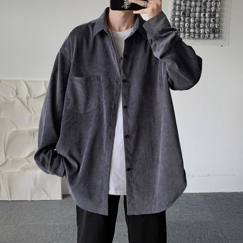 Corduroy Oversize Long Sleeve Shirts - Grey / S - Shirt