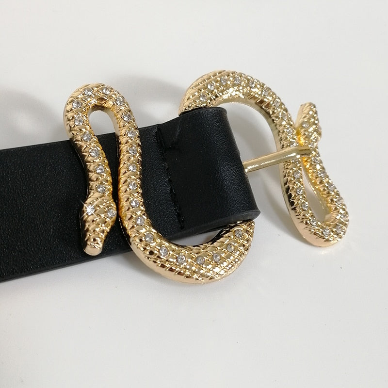 Shinny Rhinestone Snake Buckle PU Leather Belt - 102x2.8 cm