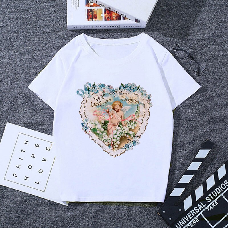 Vintage Cherubs Floral Heart T-shirt - Beige / S - T-Shirt