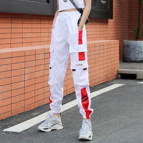 Cargo Pants With Multiple Pockets - White Red / S