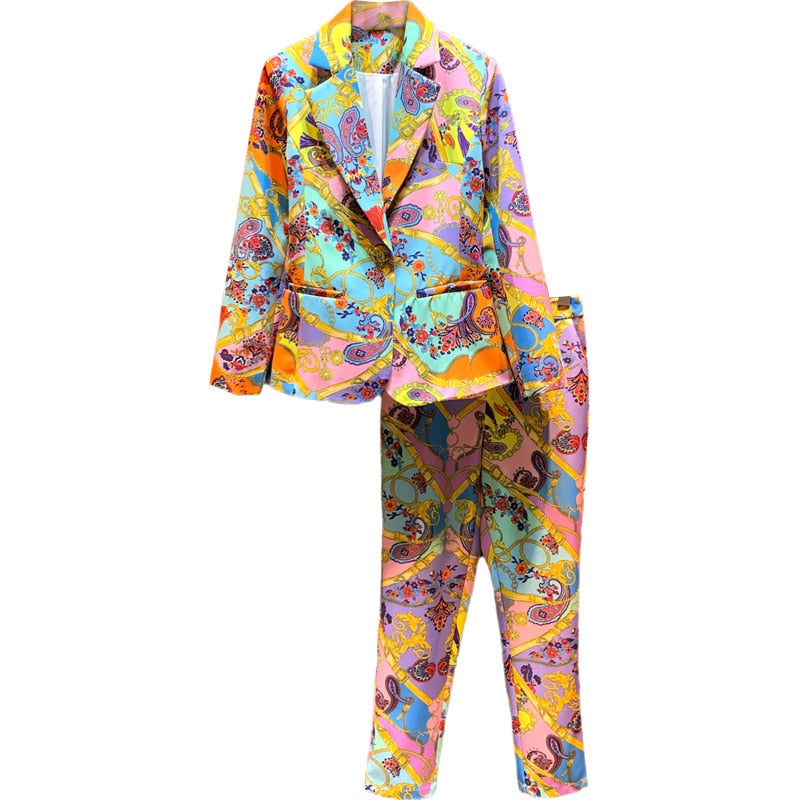 Fashion Two Piece Set Women’s Colorful Blazer & Pants -