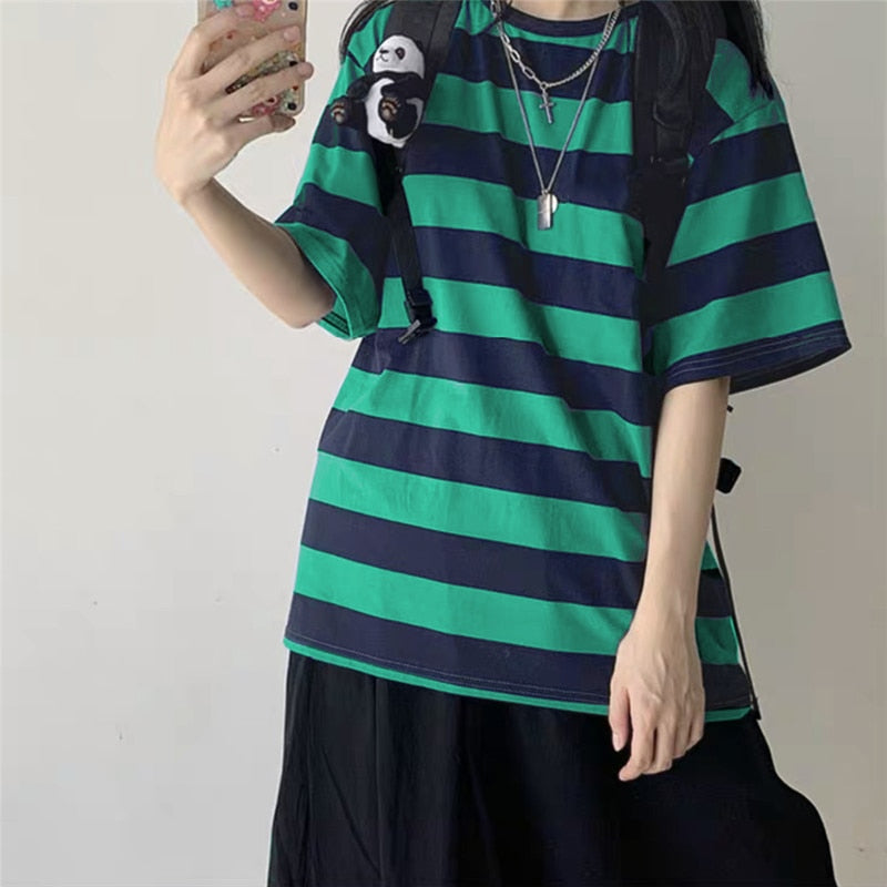 Oversize Striped Colors T-Shirt Long Sleeve - Green / M