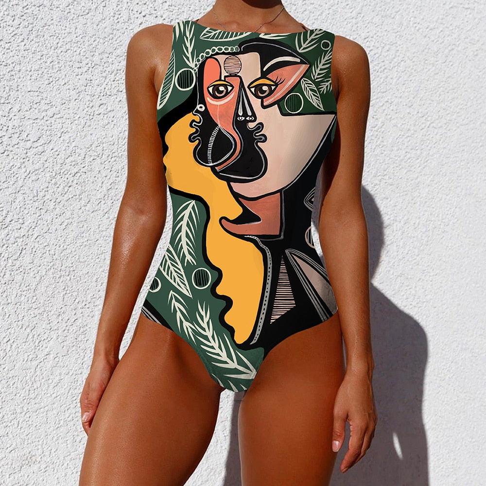 Abstract Colorful Graffiti One-Piece Swimsuit - Yellow / S