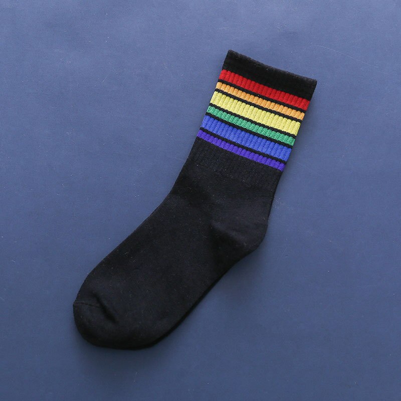 Colorful Stripes Cotton Socks - Black-Rainbow / One Size