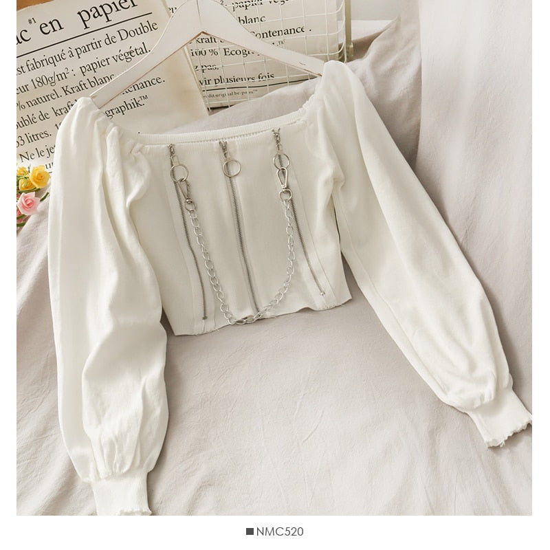 Zipper Off-Shoulder Street Blouse - WHITE / One Size