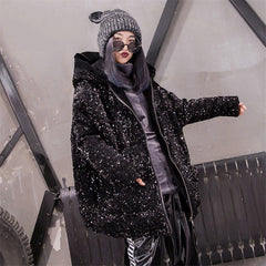 Black Sequins Winter Hooded Padded Loose Coat