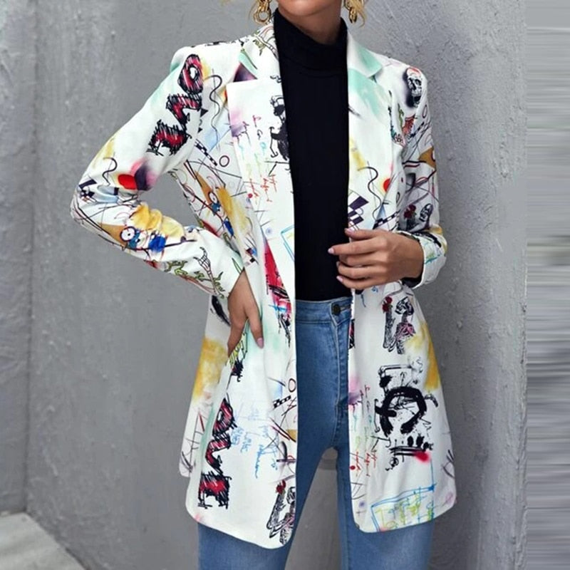 Abstract Art Print Long Sleeves Lapel Suit Blazer - White /
