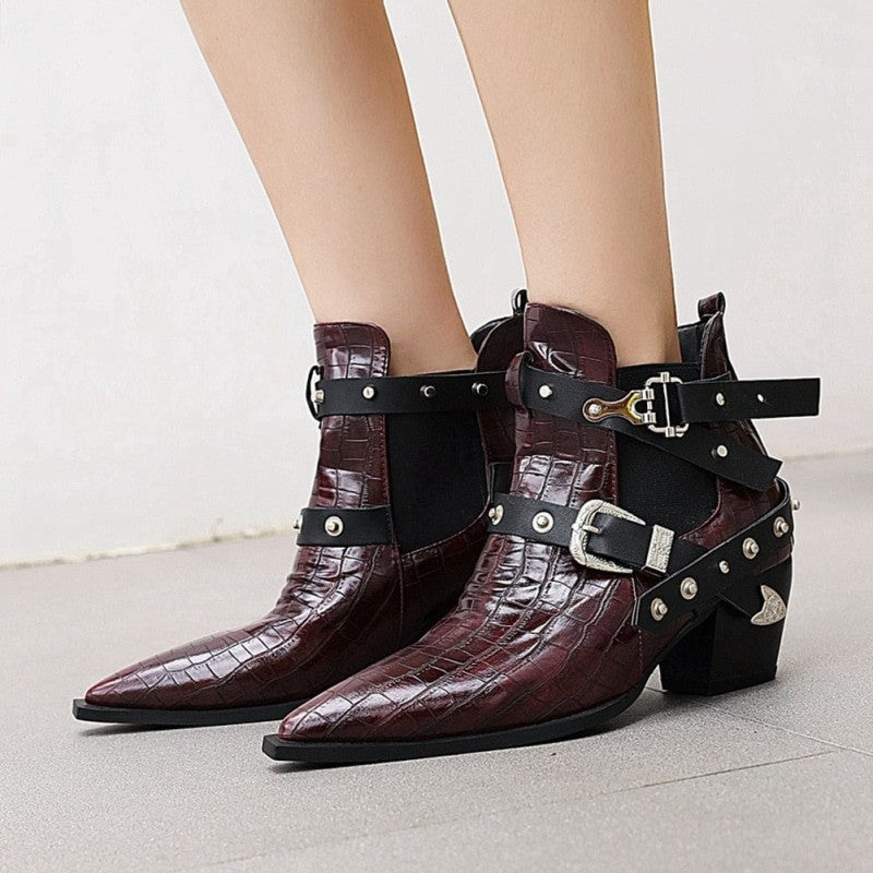 Gothic Pointed Toe Square Heels Ankle Boots - boots